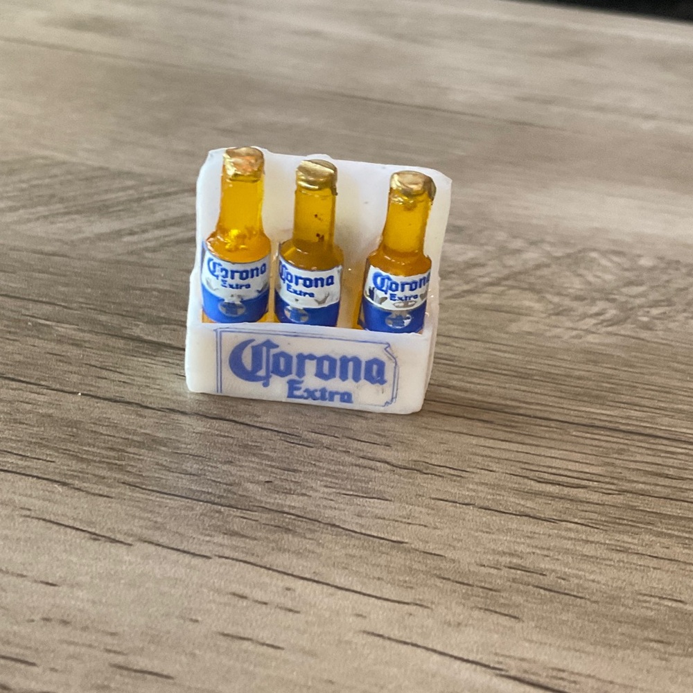 Corona Mini Bottle Crate with Amber Bottles and Blue Labels Fridge Magnet